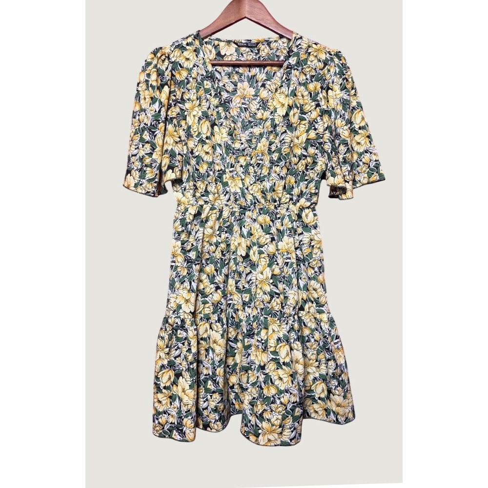 SHEIN Mini Dress Women Medium Yellow Floral Excellent Flutter Sleeve Ruffle Hem